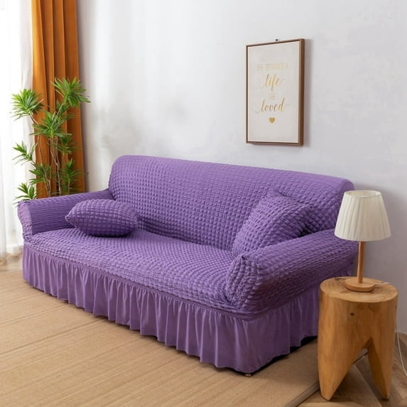 Mictong integrated sofa cover with pleated ruffle hem skirt, washable, highly elastic and durable, furniture protective cover, three seater sofa, Purple, 1 piece
