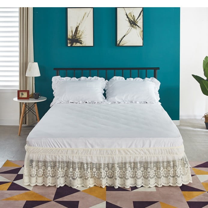 Mictong lace bed skirt, size 53.15 * 78.75+14.97 inches, elegant retro lace bed skirt, pleated bed skirt with lace edge decoration, suitable for bedroom decoration bed skirt, 1 piece, Beige