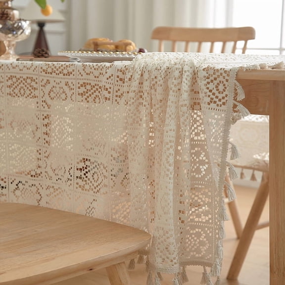 Mictong lace rectangular tablecloth, 118.12 * 55.12 inches vintage elegant lace tablecloth, exquisite lace covered tablecloth, suitable for weddings, holidays, and family meals, 1 piece, beige