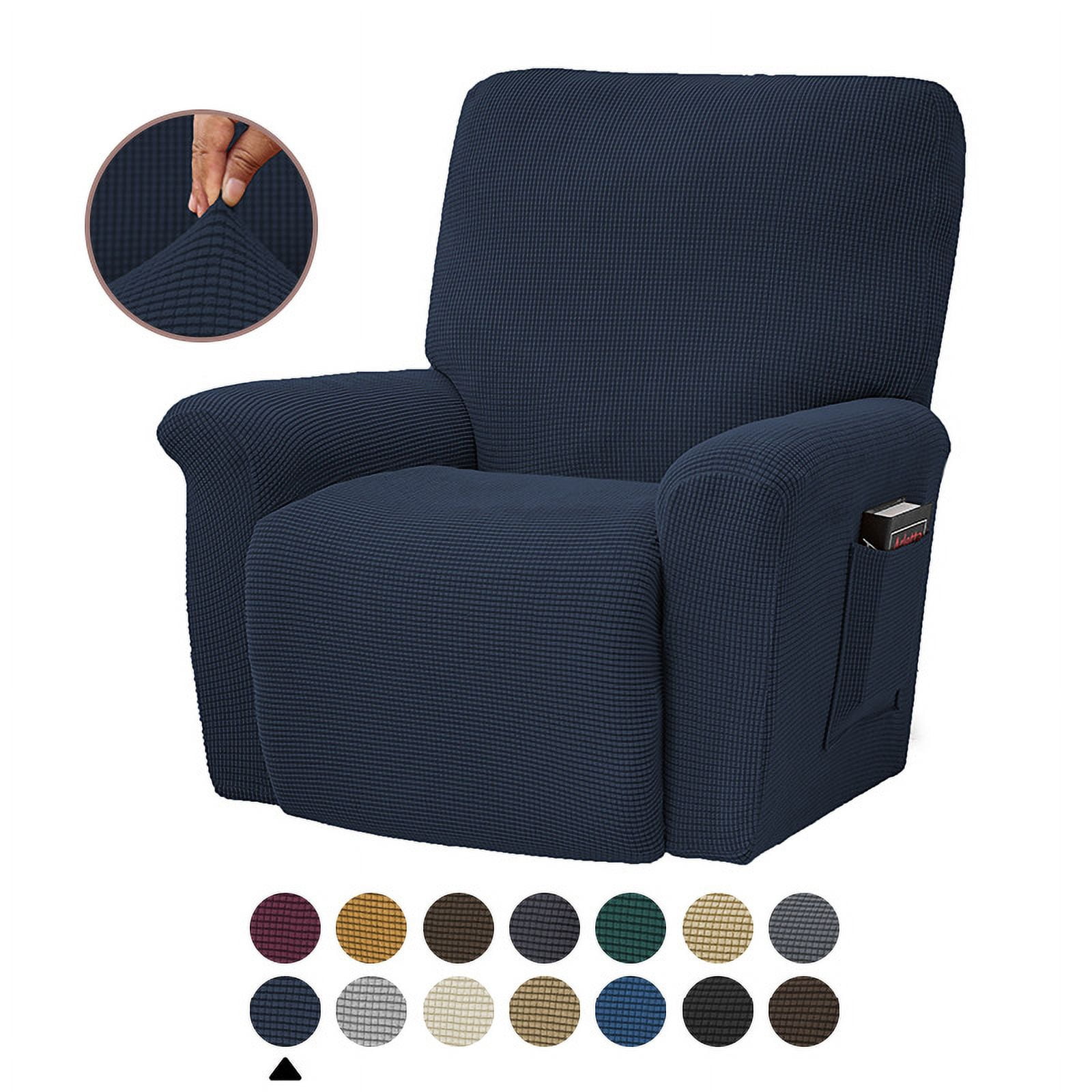 Mictong large solid color fleece recliner cover, washable sofa cover, thick polyester recliner cover, elastic recliner sofa cover, suitable for living room, 4-piece set, navy blue