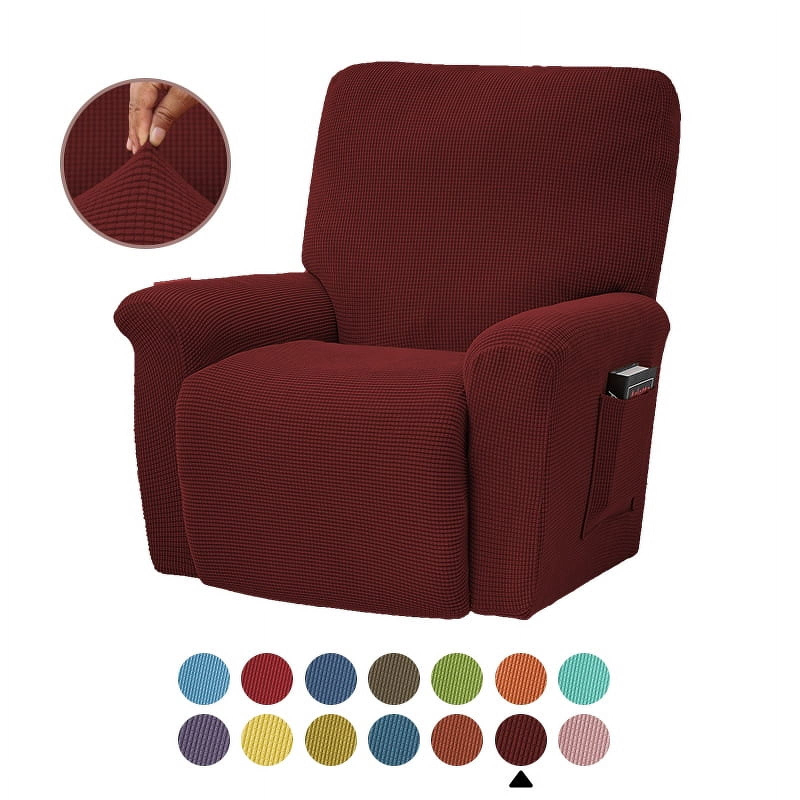 Mictong large solid color fleece recliner cover, washable sofa cover, thick polyester recliner cover, elastic recliner sofa cover, suitable for living room, 4-piece set, Dark red
