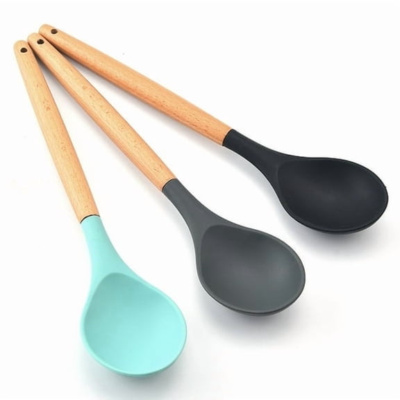 Mictong large wooden handle silicone spoon, wooden handle mixing spoon, suitable for cooking, baking and stirring, non stick heat-resistant kitchen mixing tool, gray, black, green, 3 pieces