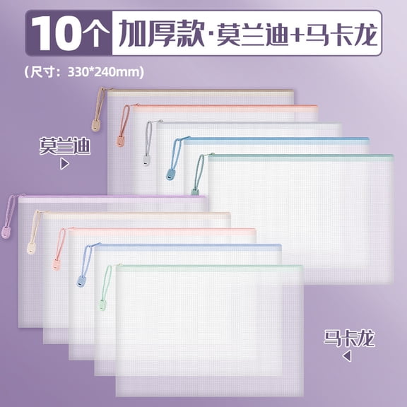 Mictong mixed color mesh zipper bag, 13 * 9.45-inch A4 file bag, PVC transparent zipper file bag, suitable for classrooms, offices, and homes, reusable A4 zipper bag, style A1, 10 pieces