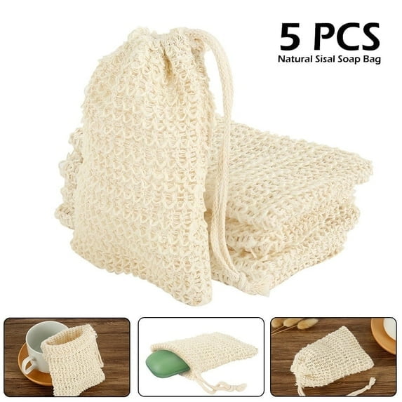 Mictong sisal soap bag, perfect for storing crushed soap and leftover soap blocks, natural fiber soap bag, can be used for foaming and drying soap blocks, 5 pieces, beige