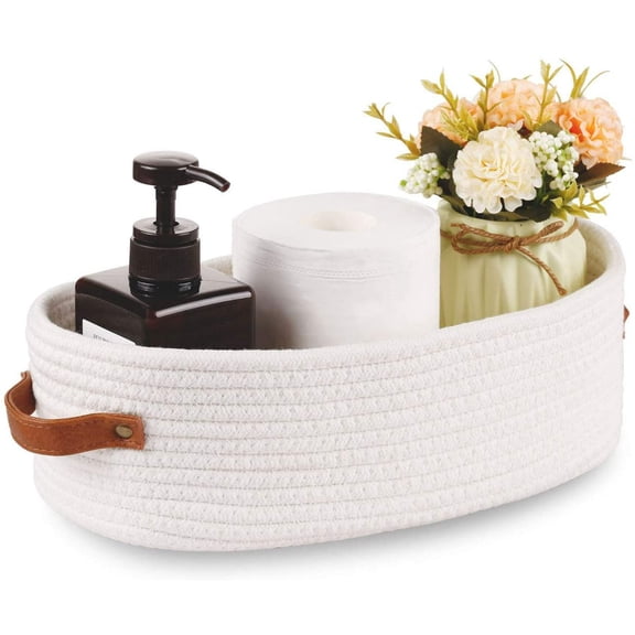 Mictong small basket with handle, cotton rope woven storage basket, desktop miscellaneous storage box, suitable for toys and bathroom tidying, white, 1 piece
