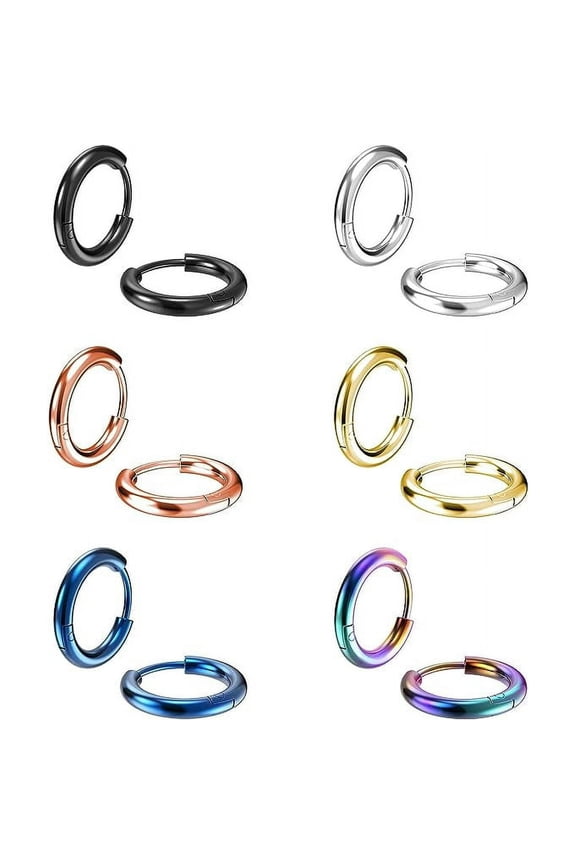 stainless steel ring earrings, coil round earrings, anti allergy earring set, unisex, mixed colors, 6 pairs