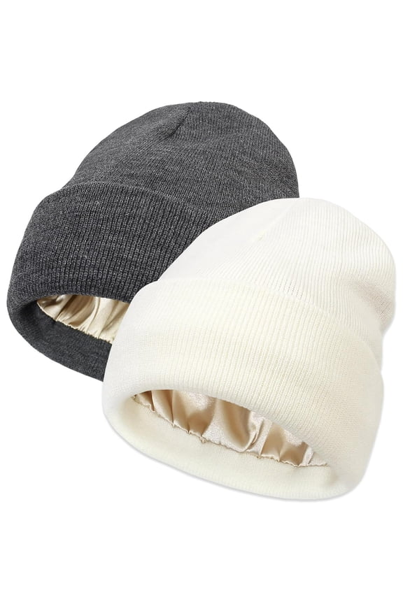 unisex satin lined winter knitted hat, silky lining, loose brimless hat, knitted flanged ski hat, white, gray, 2 pieces