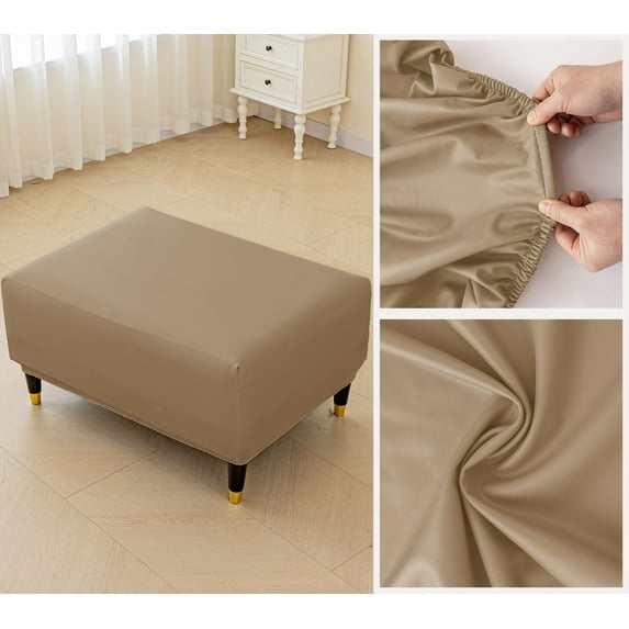 Mictong waterproof PU leather rectangular footstool cover, elastic footstool cover, footstool protective cover with elastic bottom, brown, 1 piece