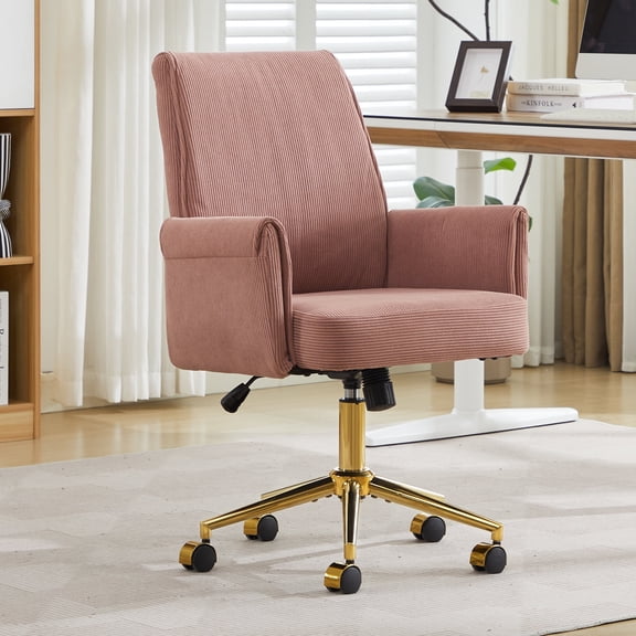 Mid-Back Adjustable Office Chair, Ergonomic Desk Chair with Memory Foam Seat and Gold-Plated Base, Light Pink Striped Fabric Swivel Chair for Home Office
