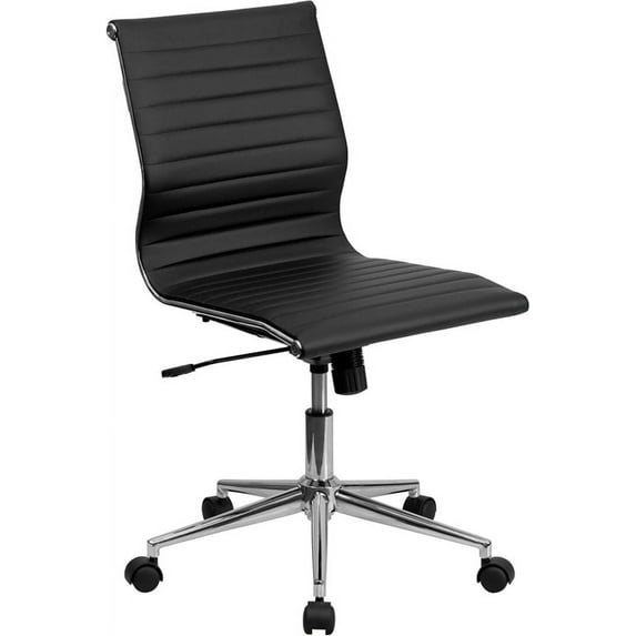 Mid-Back Armless Black Ribbed LeatherSoft Swivel Conference Office Chair