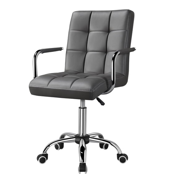 Mid Back Desk Chair, PU Leather Office Task Chair with Armrests and Large Seat, Adjustable Swivel Rolling Computer Chair with Wheels for Home Study Modern Workspace, Gray