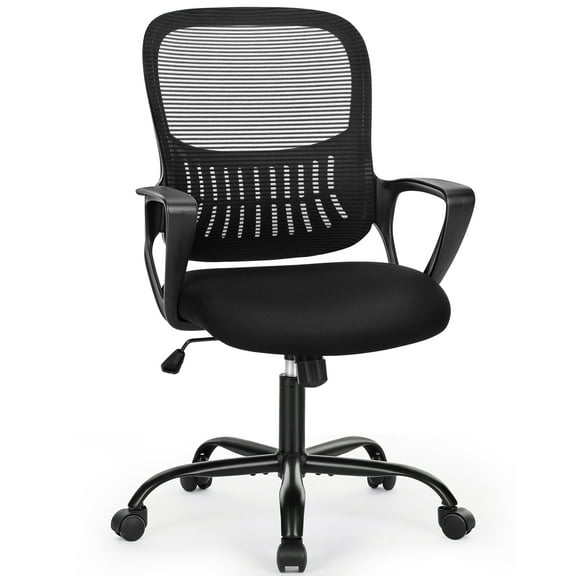 Mid Back Ergonomic Office Chair, Fixed Armrest Design, Height Adjustable Seat with Lumbar Support and Rocking Mode, Sturdy Base for Home Office, Bedroom and Study Room Use