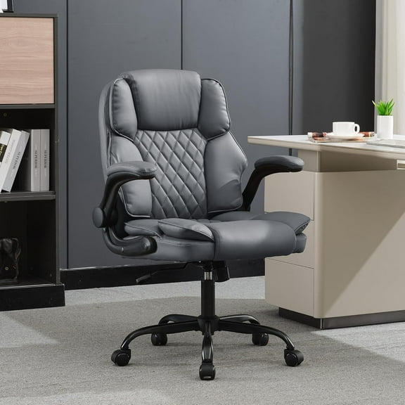 Mid Back Executive Leather Office Chair,Ergonomic Home Computer Desk Chair with Adjustable Flip-Up Arms,Conference Room Chairs with Rocking Function Grey