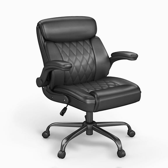 Mid-Back Executive Office Chair, Black PU Leather, Diamond-Stitched, Adjustable Armrests, Lumbar Support, Ergonomic Swivel Desk Chair