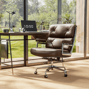 Mid Back Genuine Leather Office Chair, Adjustable Height and Liftable Swivel Computer Chair with Rolling Casters for Home Office Use, Brown