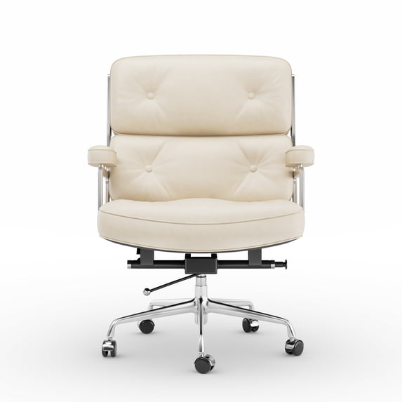 Cottinch Mid Back Genuine Leather Office Chair, Adjustable Height and Liftable Swivel Computer Chair for Home Office, White