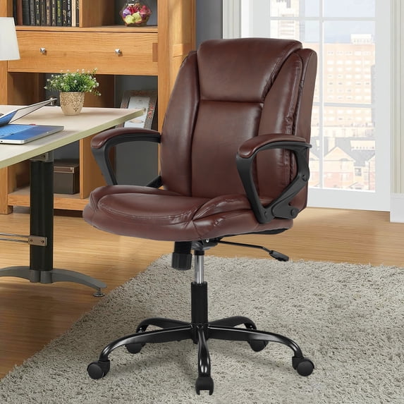 Mid Back Leather Office Chair Ergonomic Desk Chair Adjustable Computer Chair Swivel Task Chair with Padded Armrests, Brown