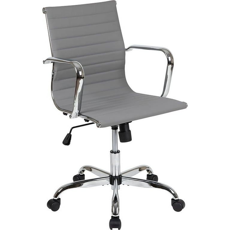 Mid-Back Light Gray LeatherSoft Mid-Century Modern Ribbed Swivel