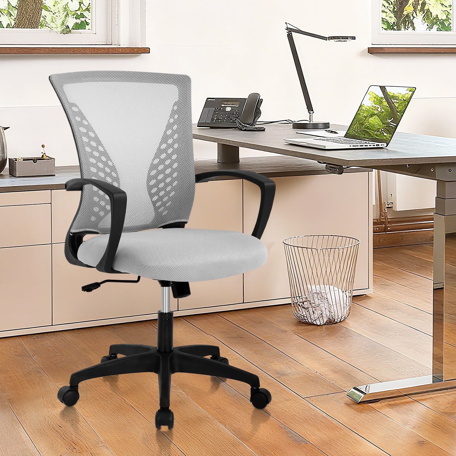 Mid-Back Office Chair, Ergonomic Computer Chair Adjustable Desk Chair with Armrest, Rolling Swivel Chair for Home&Office, Easy to Assemble, Grey
