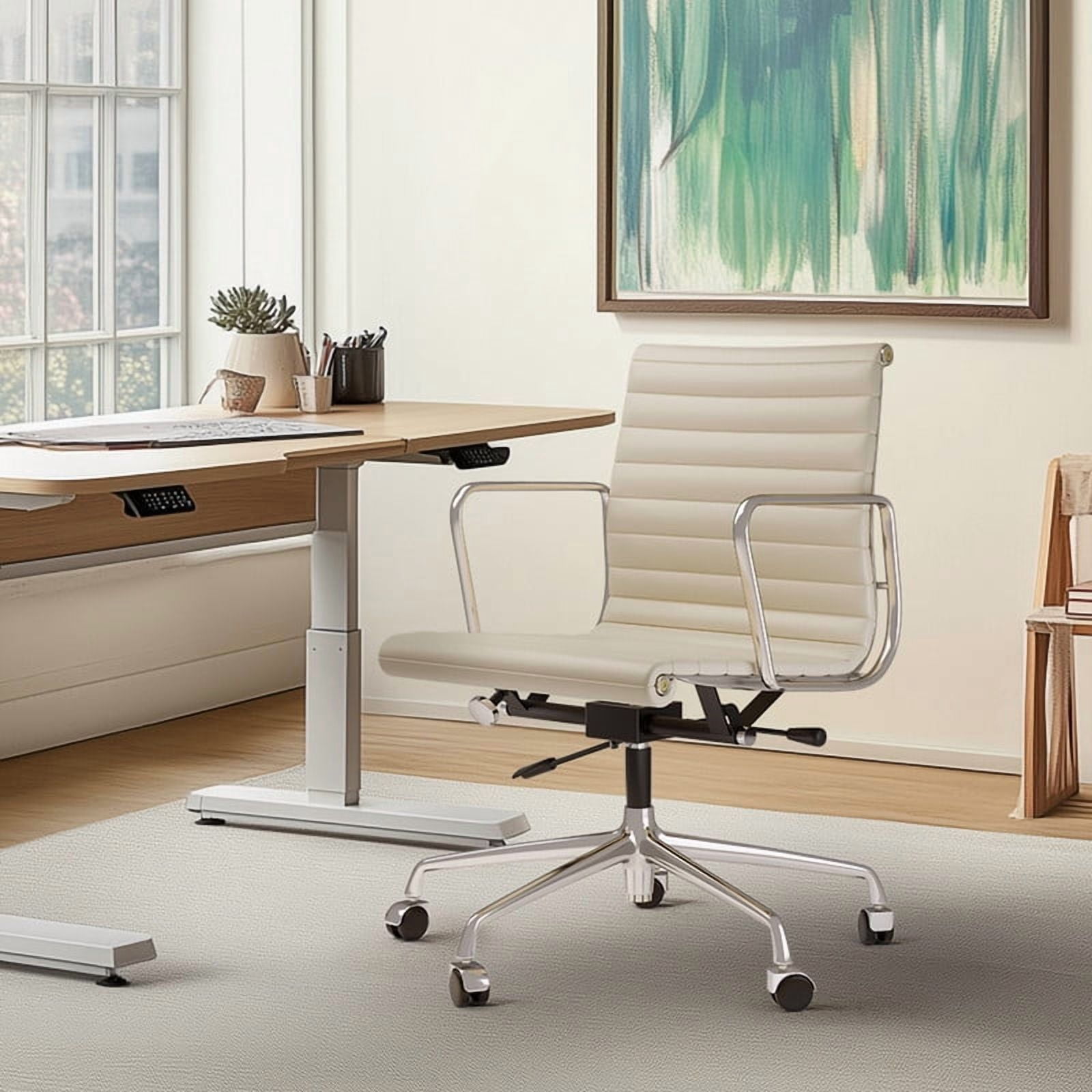 Mid Back Office Chair Ergonomic Office Chair Swivel Leather Task Chair with Lumbar Support,Adjustable Height,White