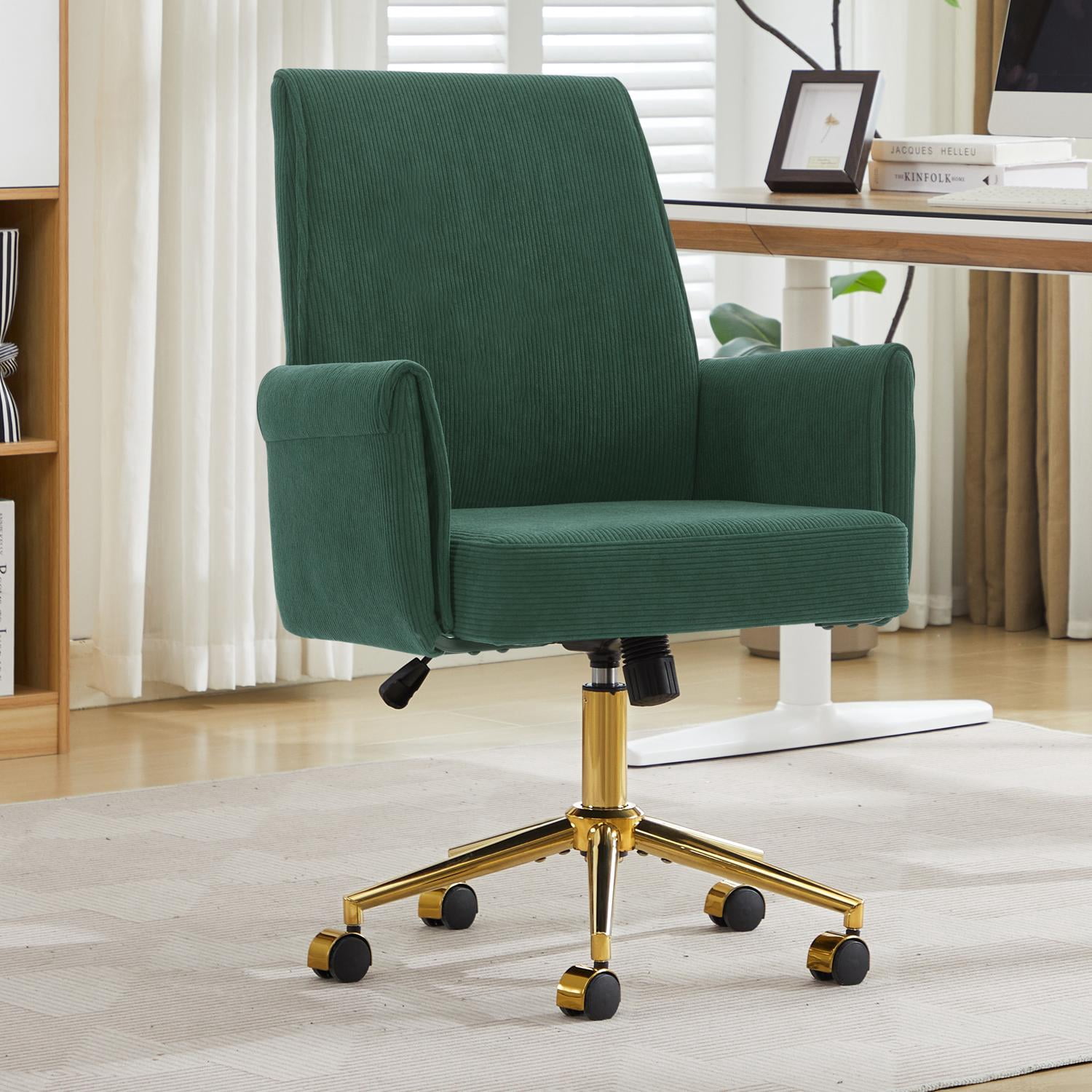 Mid Back Office Chair with Ergonomic Design, Fabric Lumbar Support, Adjustable Golden Base for Desk Work, Green