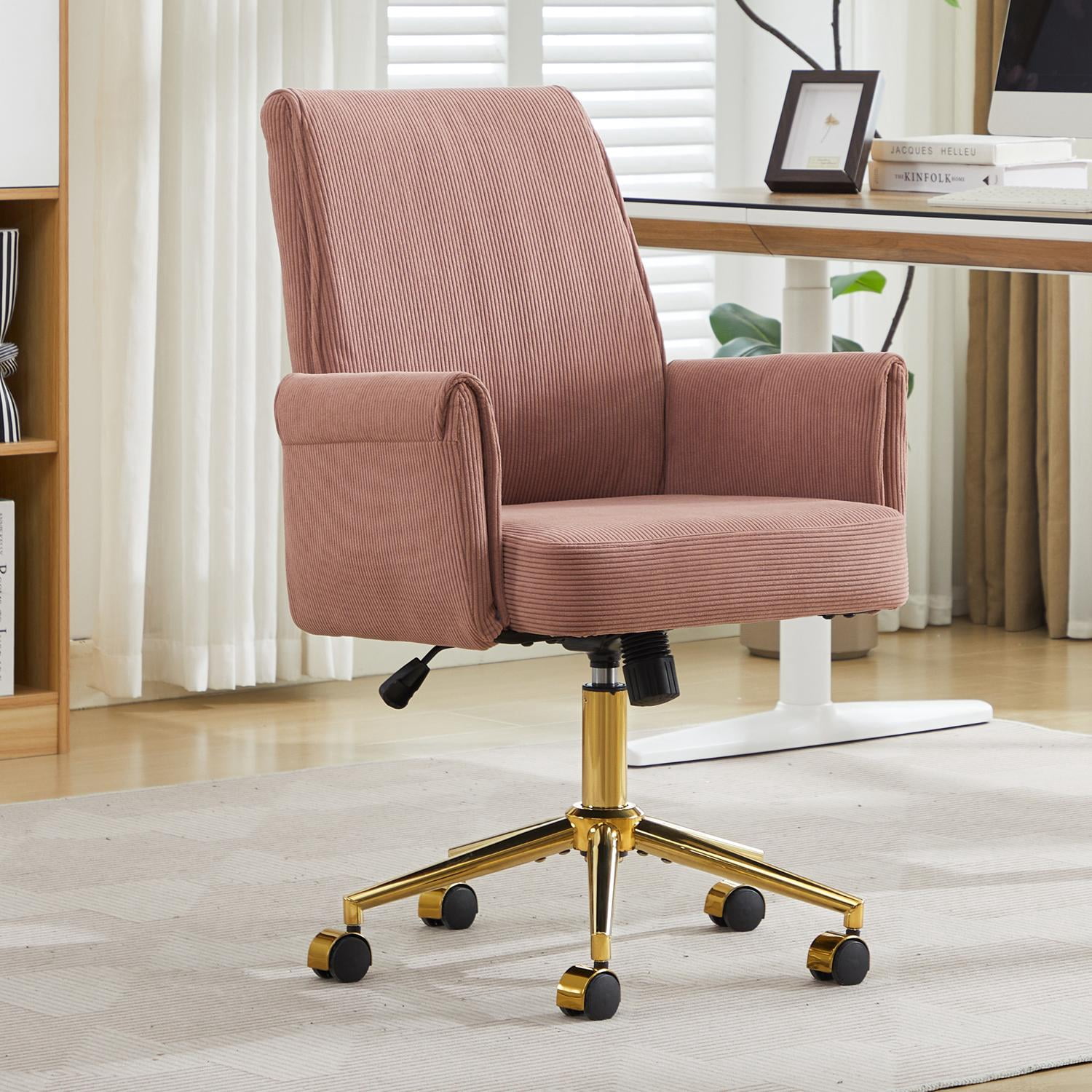 Mid Back Office Chair with Ergonomic Design, Fabric Lumbar Support, Adjustable Golden Base for Desk Work, Light Pink