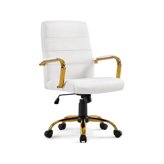 Mid-Back Office Desk Chair, Ergonomic Executive PU Leather Computer Chair with Rocking & Tilting Mechanism, 360 Swivel, Gold Chrome Frame for Home Office Study, White