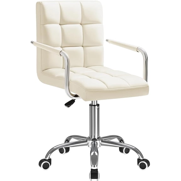 Mid-Back Office Task Chair Ribbed PU Leather Executive Chair Modern Adjustable Home Desk Retro Comfortable Work Chair 360 Degree Swivel with Arms