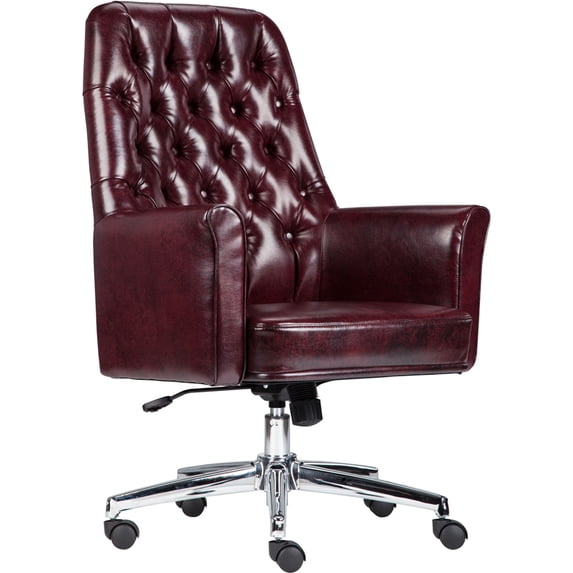 Mid-Back Tufted Burgundy LeatherSoft Swivel Office Chair with Arms