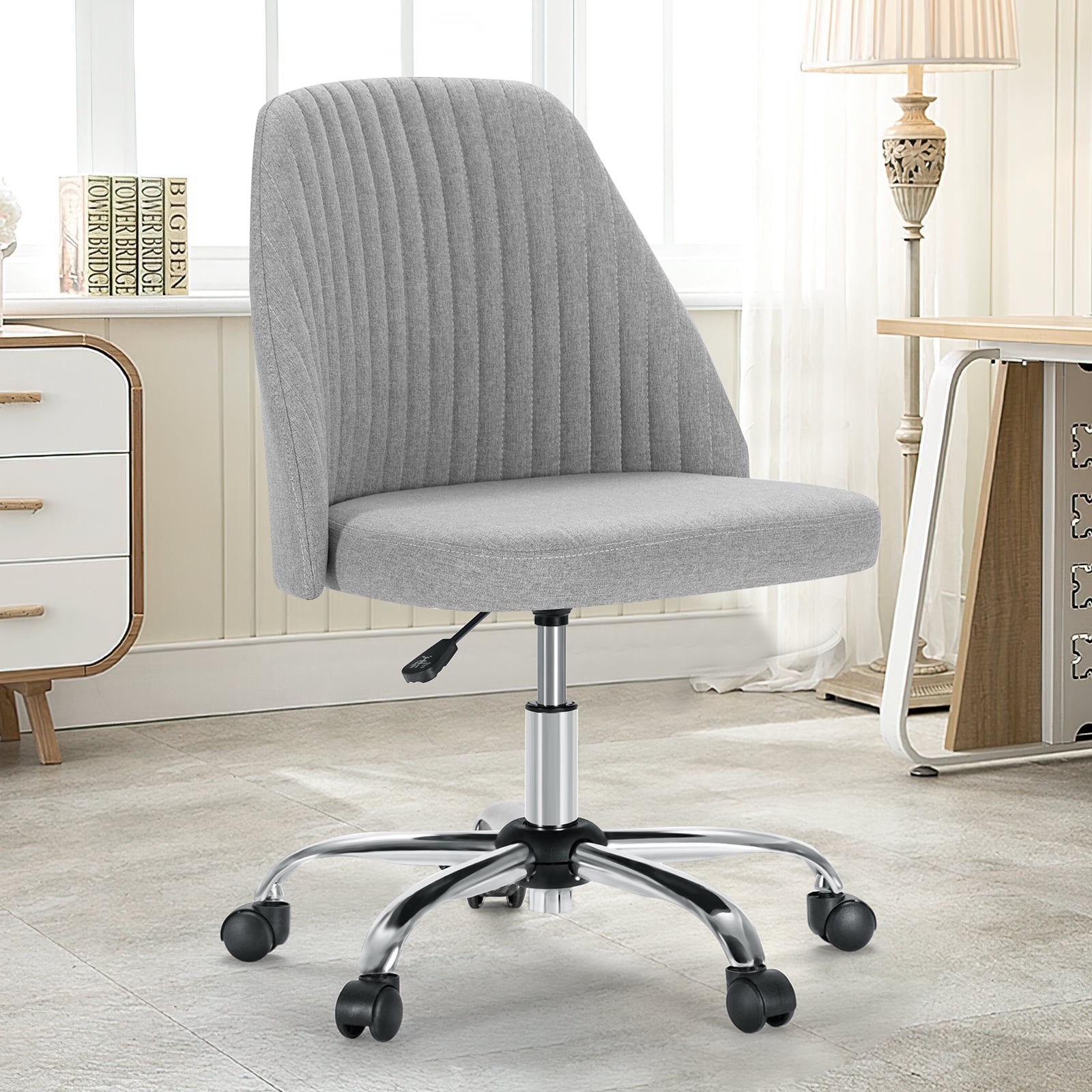 Zunmos Mid Back Vanity Chair Adjustable Rolling Chair Armless Cute Modern Task Chair for Office Home Study Make Up Small Space Bedroom Light