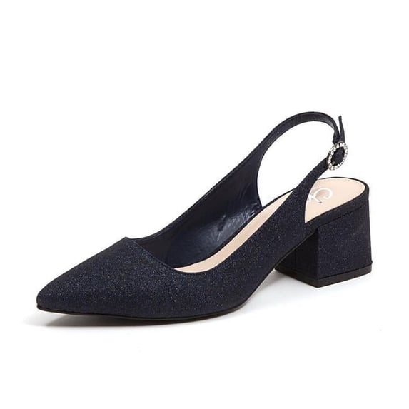 Mid Block Heel Dressy Glitter Sling Back Shoes, Navy - Size 39