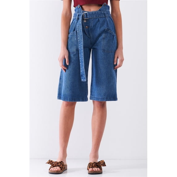 Mid Blue Denim Front Cut-out High-waist Buckle Self-tie Belt Detail Midi Flare Jean Pants