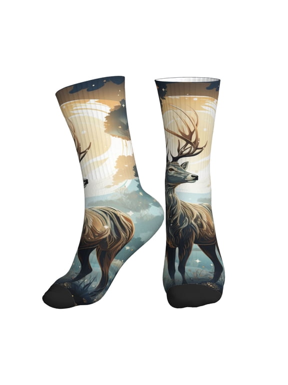 Mid-Calf Athletic Socks, Soft Ribbed Crew Socks for Men and Women, Deer Hunting Antler Whitetail Moon Print