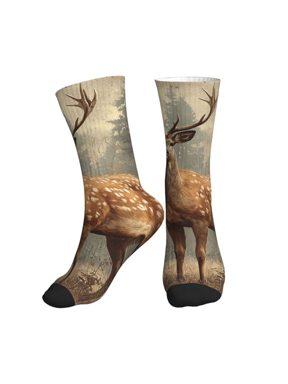 Mid-Calf Athletic Socks, Soft Ribbed Crew Socks for Men and Women, Deer Vintage Print