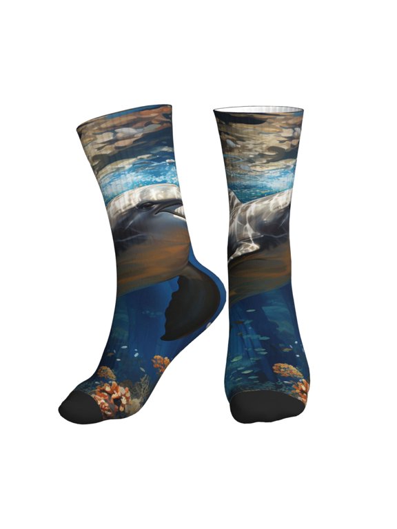 Mid-Calf Athletic Socks, Soft Ribbed Crew Socks for Men and Women, Dolphin Under Water Art Print