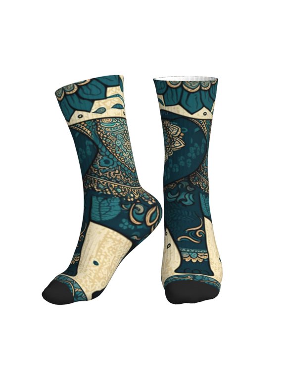Mid-Calf Athletic Socks, Soft Ribbed Crew Socks for Men and Women, Elephant Boho Ethnic Tribal African Print
