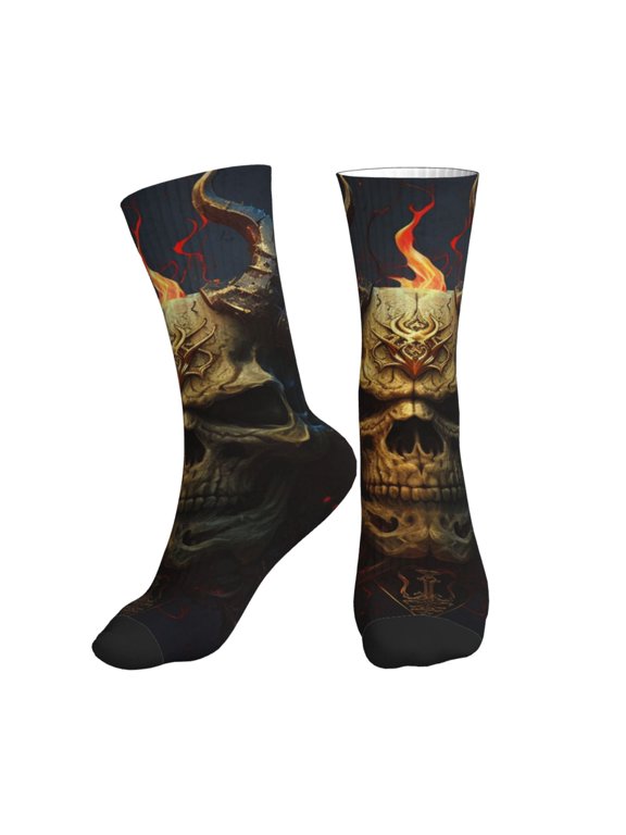 Mid-Calf Athletic Socks, Soft Ribbed Crew Socks for Men and Women, Fire Demon Satanic Skull Print