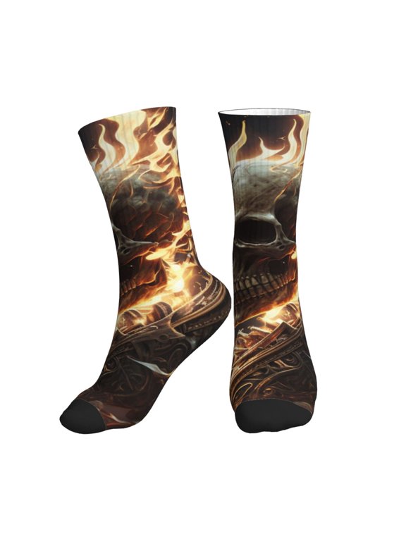 Mid-Calf Athletic Socks, Soft Ribbed Crew Socks for Men and Women, Fire Skull Playing Flaming Cards Print