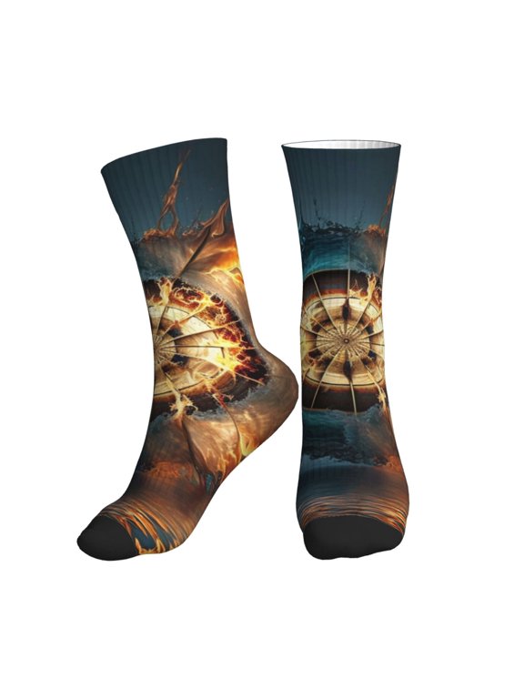 Mid-Calf Athletic Socks, Soft Ribbed Crew Socks for Men and Women, Fire Water Dartboard Burning Cool Print