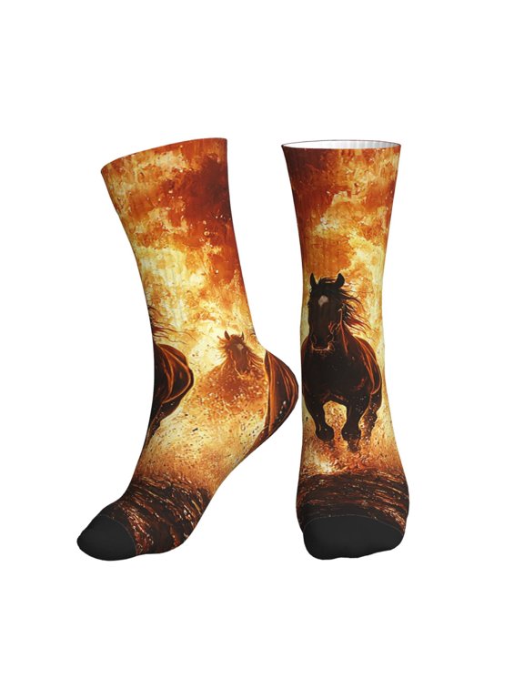 Mid-Calf Athletic Socks, Soft Ribbed Crew Socks for Men and Women, Horses Fire Flame Burning Print