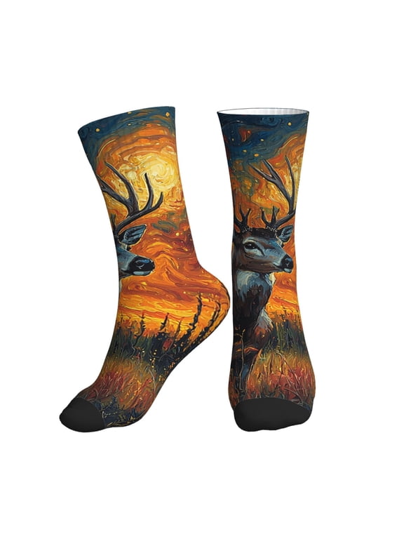 Mid-Calf Athletic Socks, Soft Ribbed Crew Socks for Men and Women, Hunting Deer Psychedelic Print