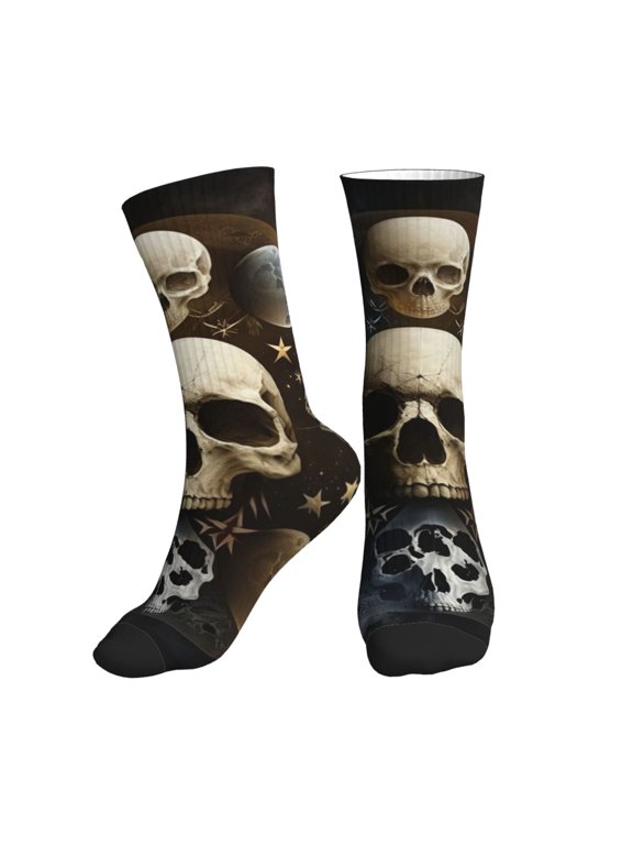 Mid-Calf Athletic Socks, Soft Ribbed Crew Socks for Men and Women, Skull Head Magic Moon Phases Print