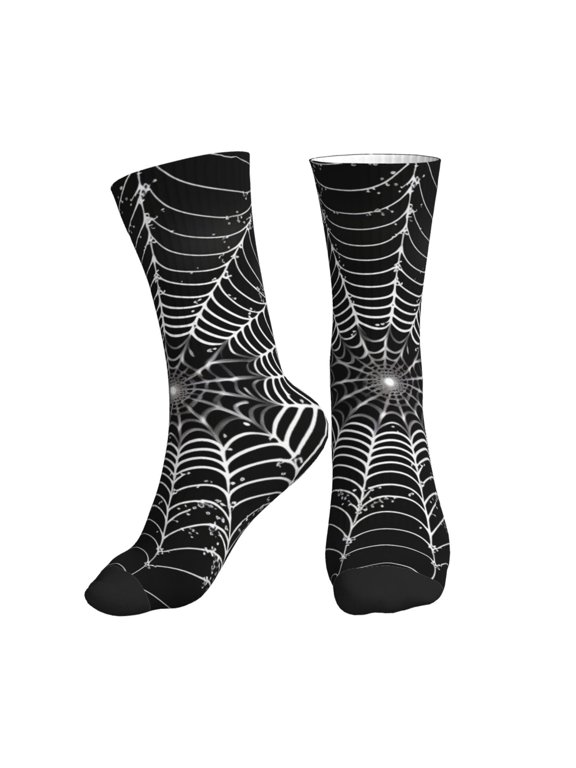 Mid-Calf Athletic Socks, Soft Ribbed Crew Socks for Men and Women, Spider Web Cool Seamless Black Print