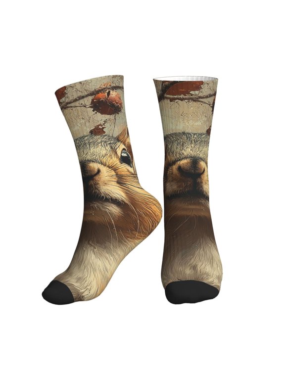 Mid-Calf Athletic Socks, Soft Ribbed Crew Socks for Men and Women, Squirrel Retro Print