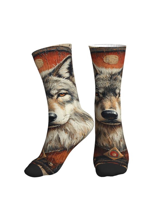 Mid-Calf Athletic Socks, Soft Ribbed Crew Socks for Men and Women, Wolf Southwestern Western Vintage Print