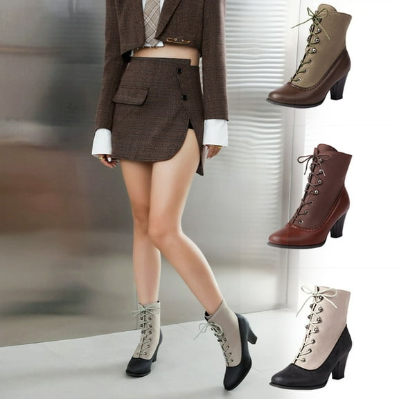 Mid Calf Boots Women Chunky Mid Heel Round Toe Booties Casual Winter Warm Comfortable Boots Solid Color Shoe for Women's Trendy Brown 6