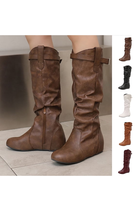 Mid Calf Boots Women Flat Heel Round Toe Booties Women Fashion Casual Comfortable Versatile Solid Color Fall Winter Shoes Brown 6.5