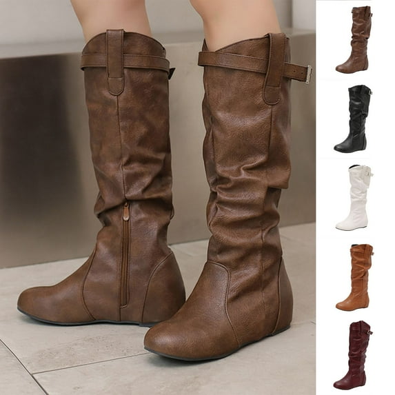Mid Calf Boots Women Flat Heel Round Toe Booties Women Fashion Casual Comfortable Versatile Solid Color Fall Winter Shoes Wine 6