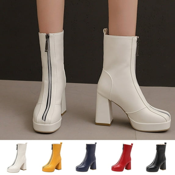 Mid Calf Boots Women Kitten Heel Round Toe Booties with Zipper Casual Winter Warm Comfortable Boots Solid Color Shoe for Women's Trendy Red 5.5