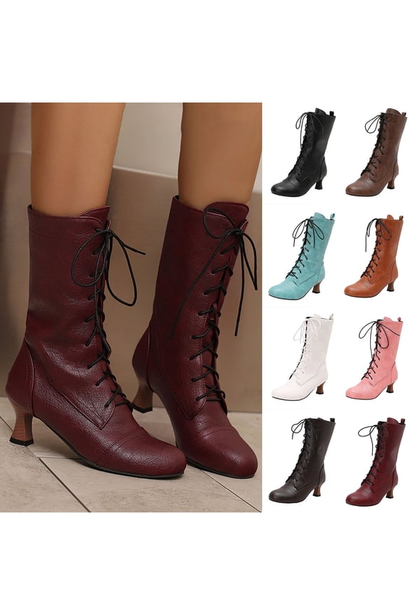 Mid Calf Boots for Women Kitten Heel Round Toe Lace-Up Boots Women Trendy Casual Outdoor Dressy Winter Warm Shoes Comfortable Short Booties Wine 5.5